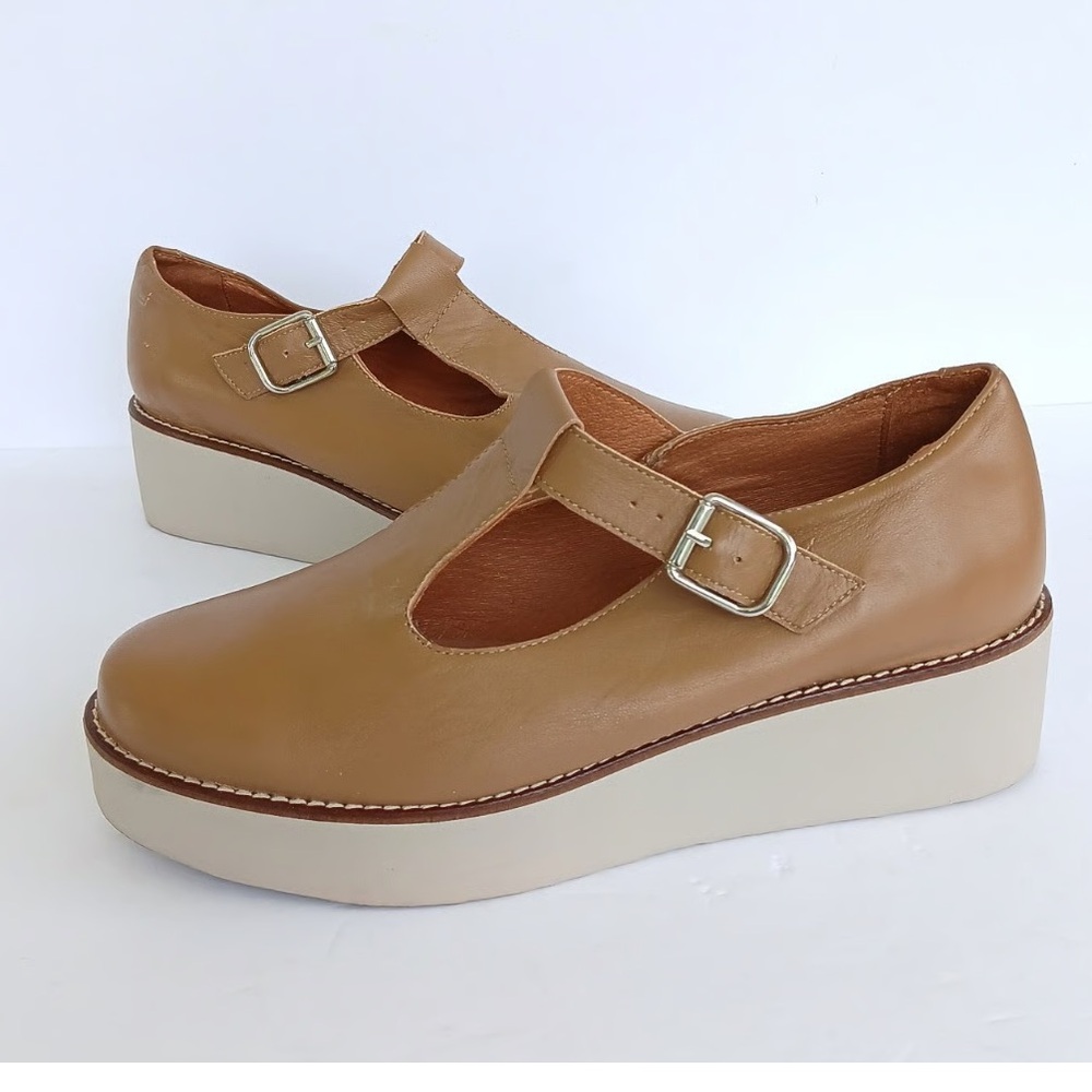 Anthropologie Kyla 2”Platform Mary Jones Leather Shoes in Tan Buckle 38